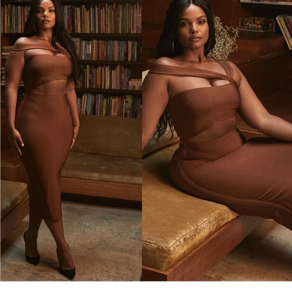 House of Cb Aina Bandage Tan Brown Cutout Dress - Picture 2 of 6